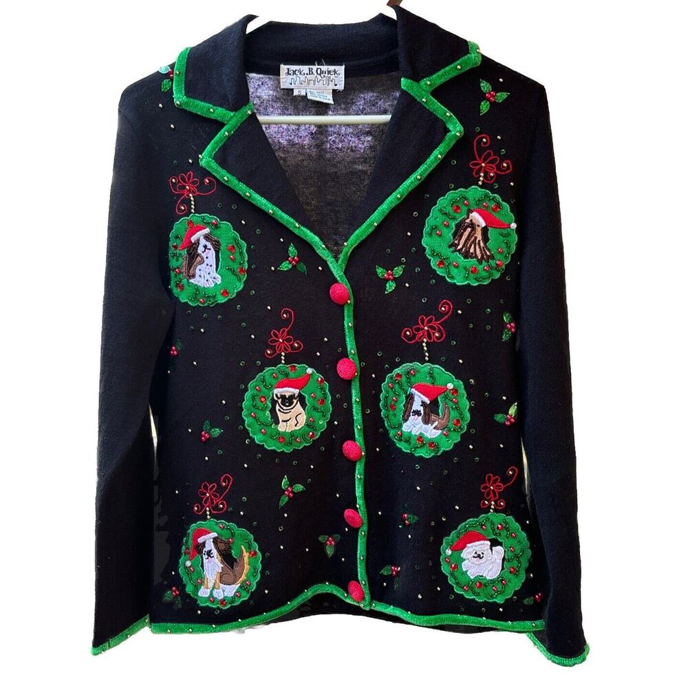 Vintage Jack B Quick Christmas Dog Cardigan Sweater Small Ramie Embroidered Bead - Picture 2 of 8